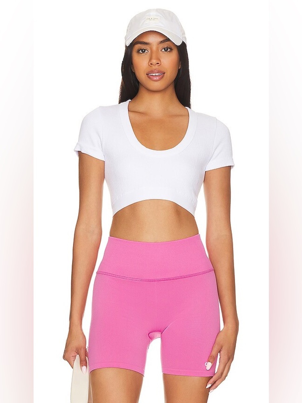 Alo serene White Scoop Neck Cropped Top Short Sleeve ribbed layered yoga vuori S